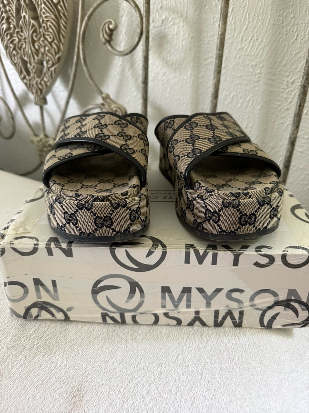 Excellent Preowned Condition Authentic Gucci Monogram Cross-Strap Wedge Slides - Picture 5 of 16